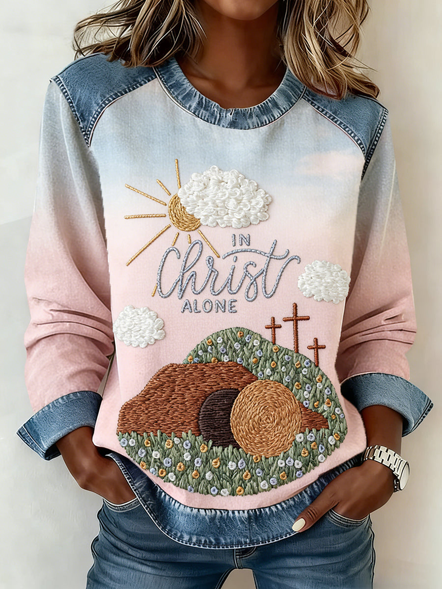 Women's Floral Christian Faith Print Patchwork Top