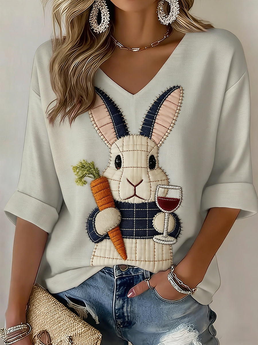Women's Easter Bunny Art V-Neck Long Sleeve T-Shirt
