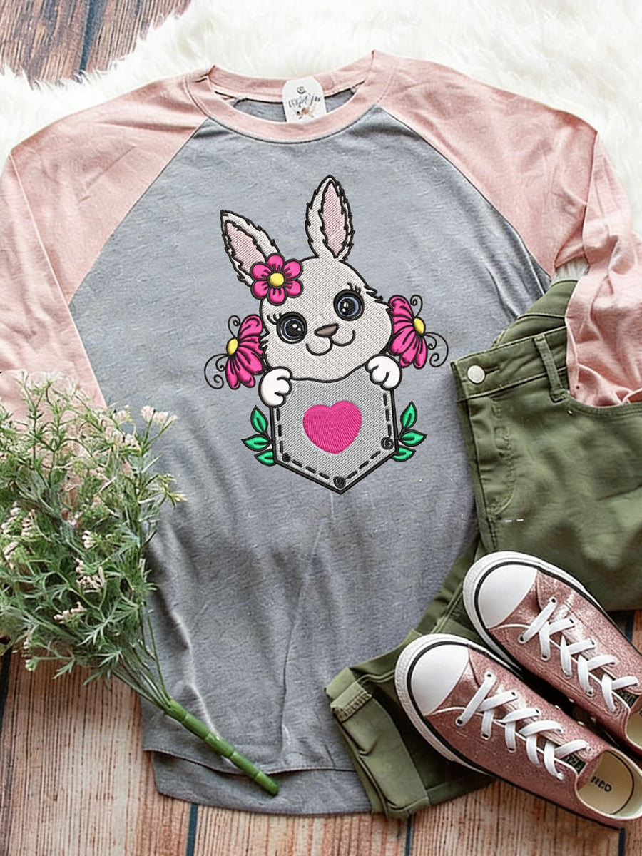 Women's Easter Bunny Animal Print Crew Neck Raglan Sleeve T-Shirt
