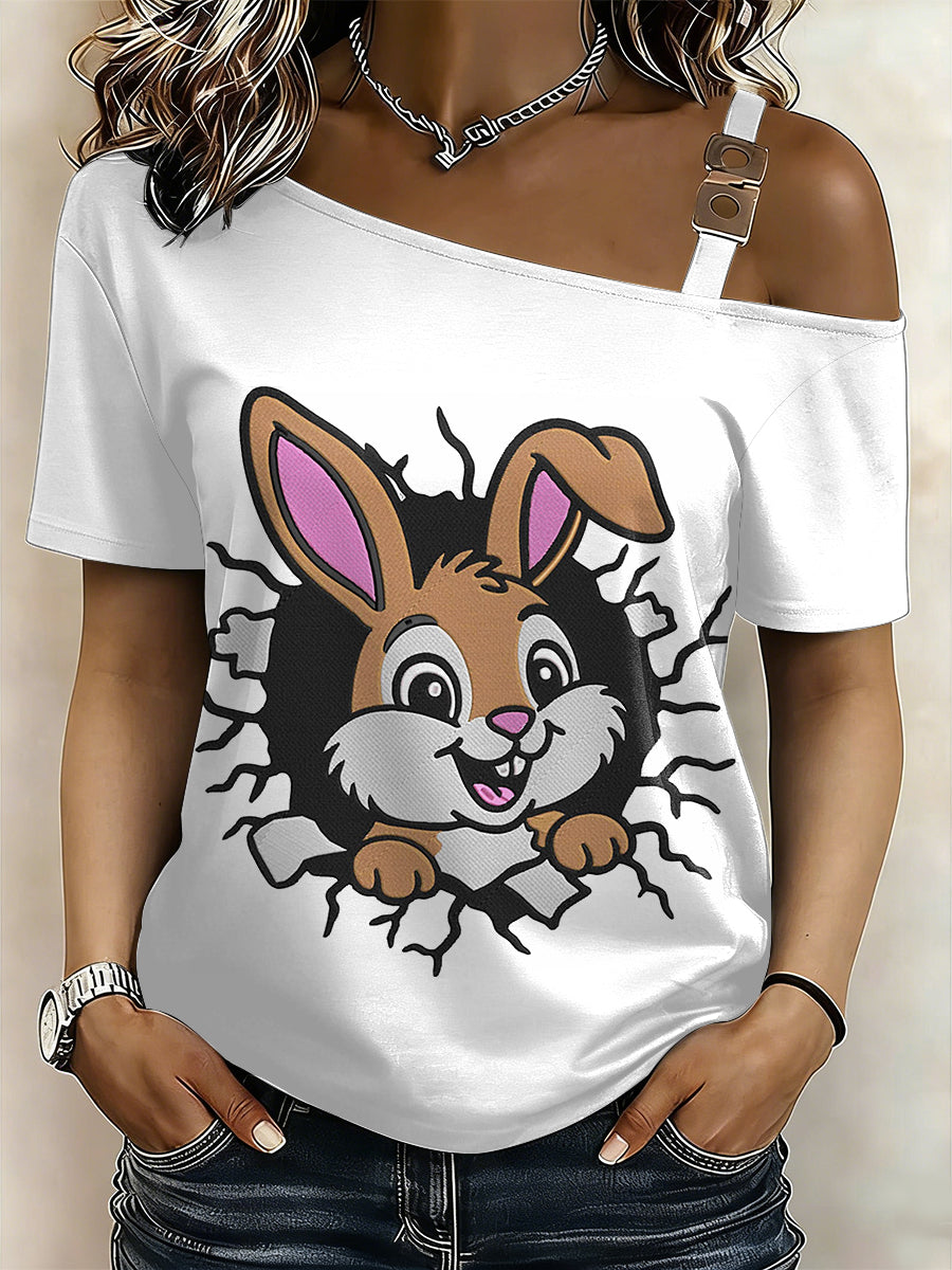 Women's Easter Bunny Printed One Shoulder Casual T-Shirt