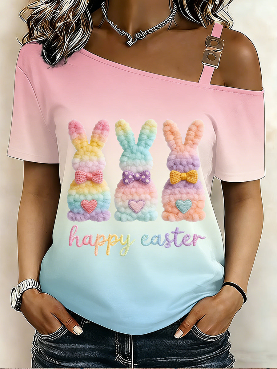 Women's Easter Bunny Printed One Shoulder Casual T-Shirt