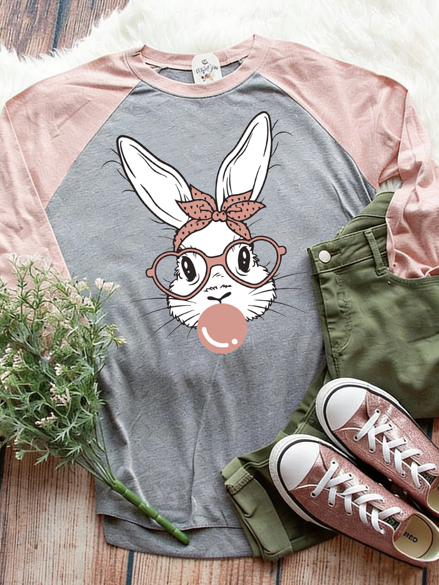 Women's Easter Bunny Animal Print Crew Neck Raglan Sleeve T-Shirt