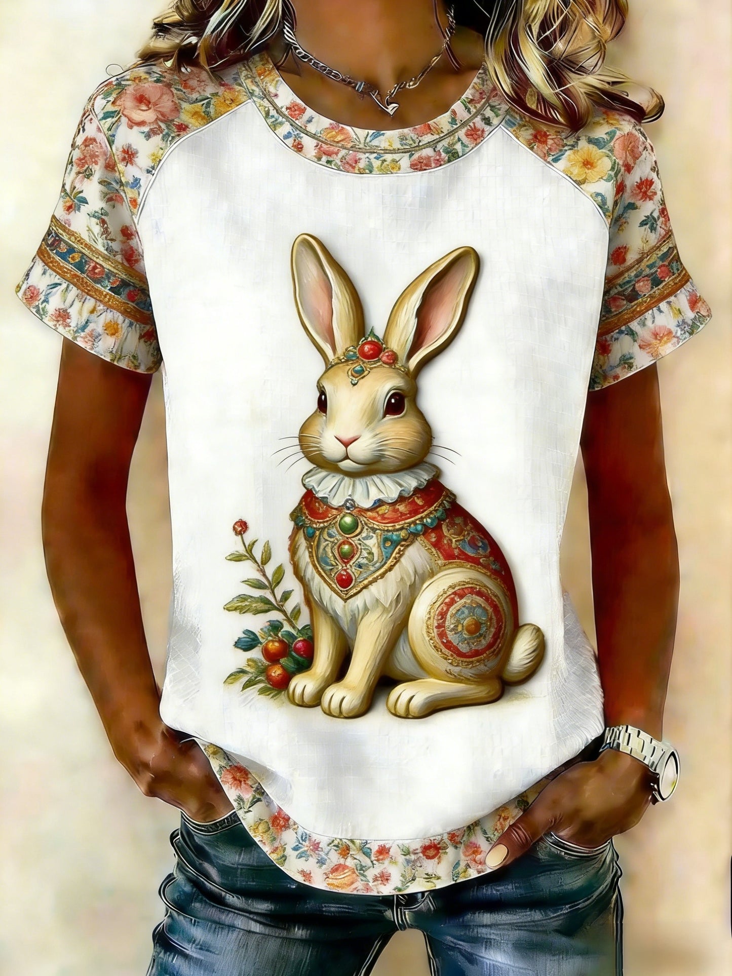 Women's Retro Cute Bunny Easter Casual Short-Sleeve T-Shirt