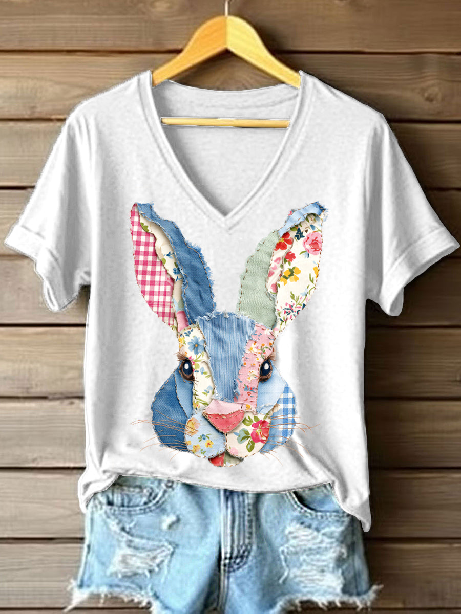 Women's Cute Bunny Patchwork Pattern V-Neck T-Shirt
