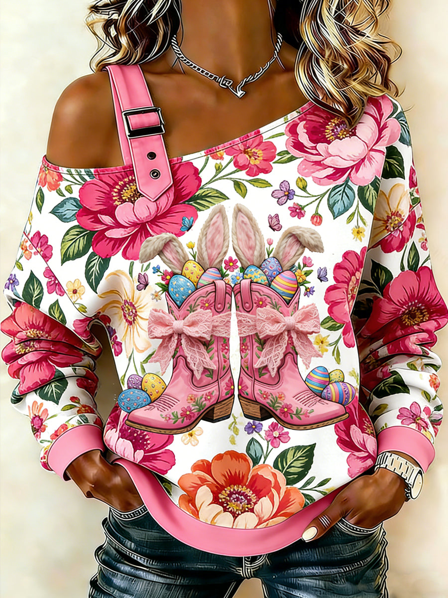 Women's Easter Bunny Animal Printed One Shoulder Suspender Casual Sweatshirt