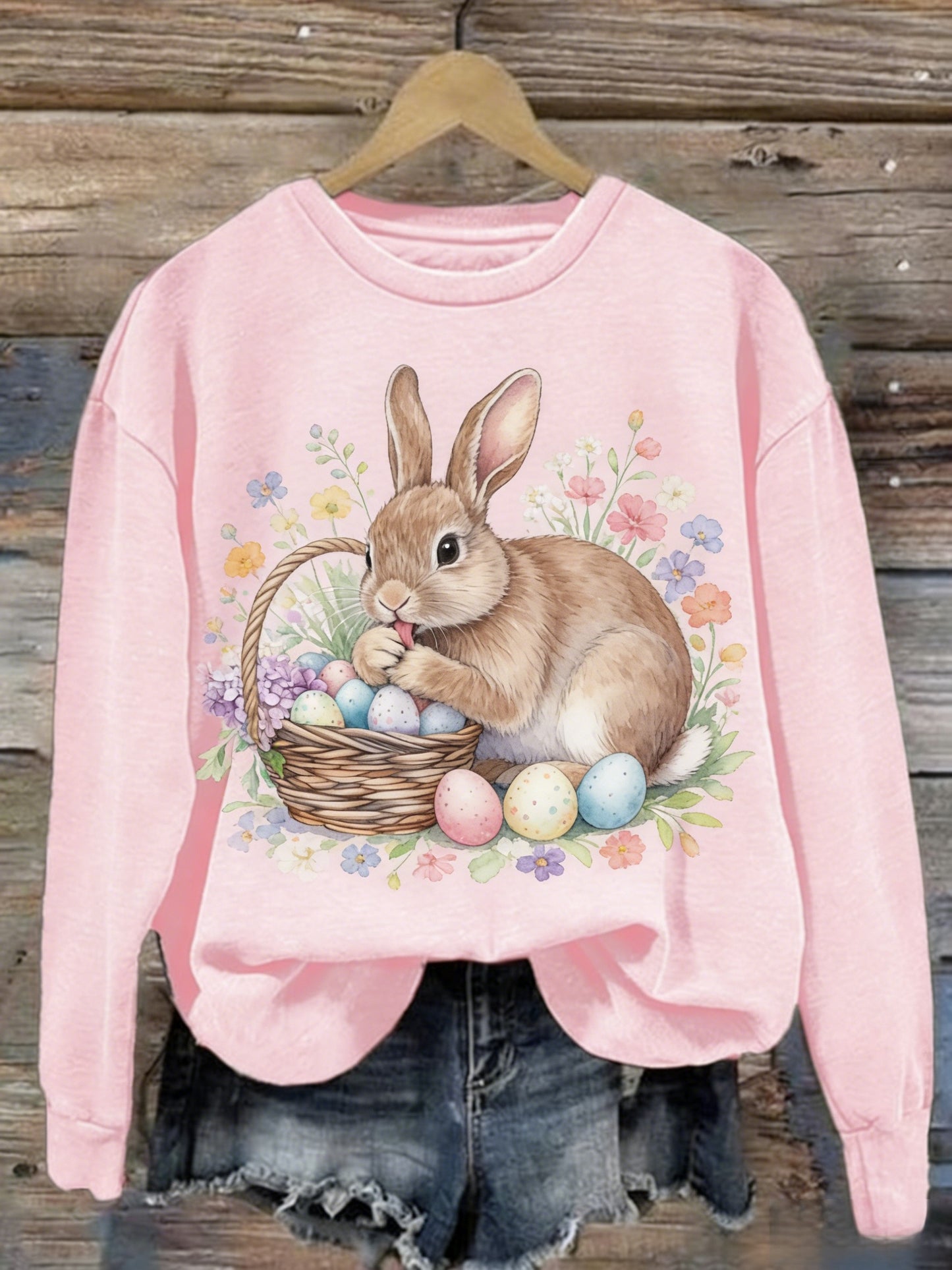 Women's Retro Cute Bunny Easter Casual Long-Sleeve Sweatshirt