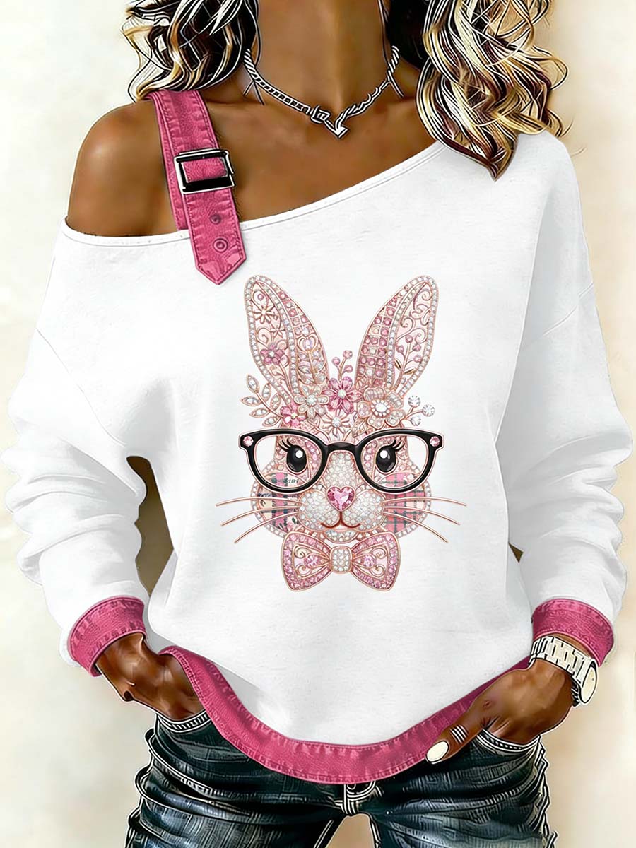 Women's Fantasy Easter Bunny Print Casual Off-Shoulder Sweatshirt