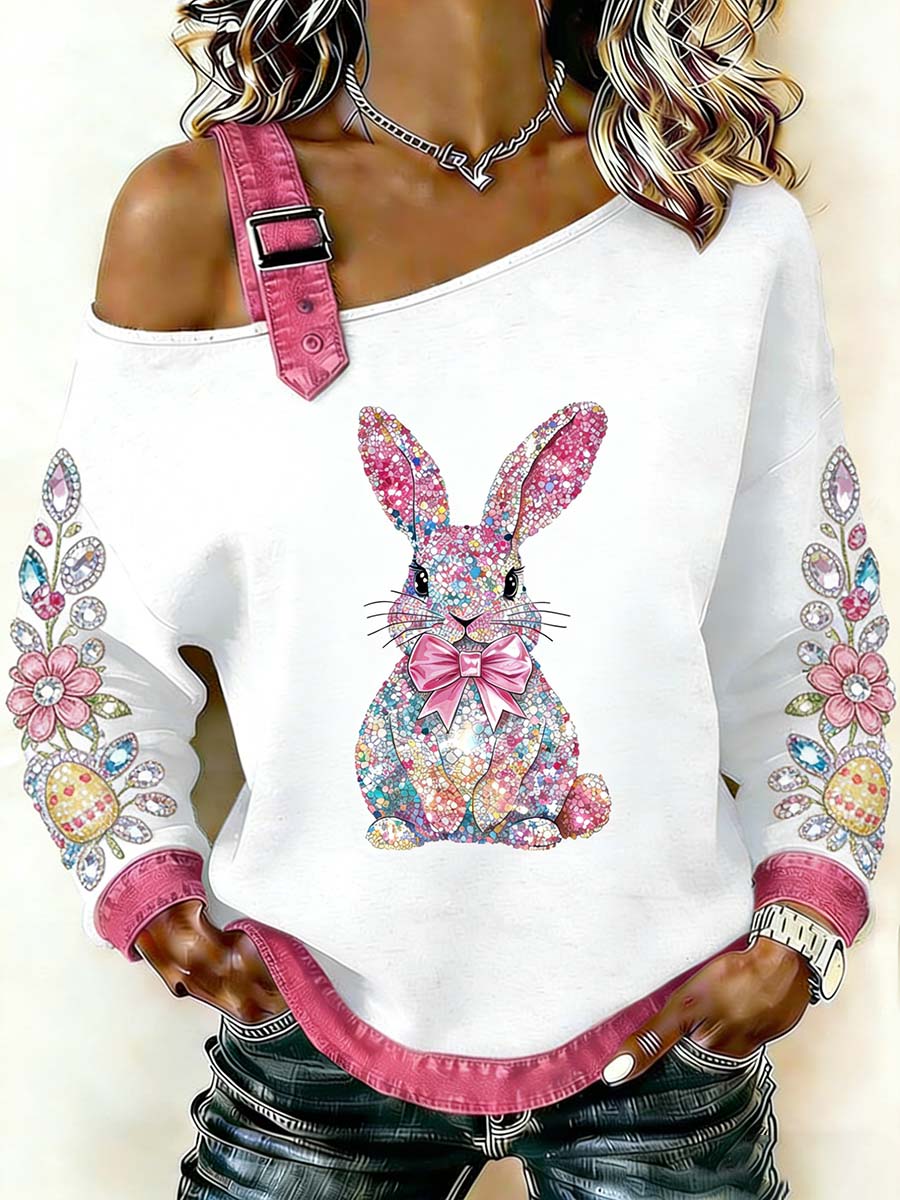 Women's Fantasy Easter Bunny Print Casual Off-Shoulder Sweatshirt