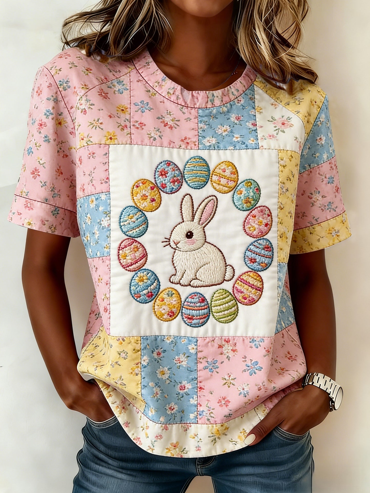 Women's Easter Floral Bunny Short-Sleeve T-Shirt