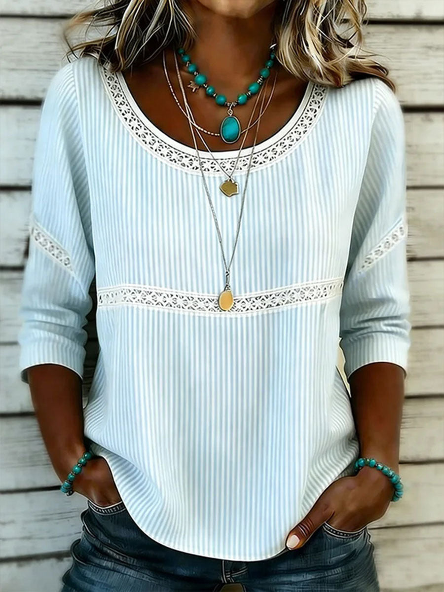 Women's Striped Art Print Cotton Linen Top