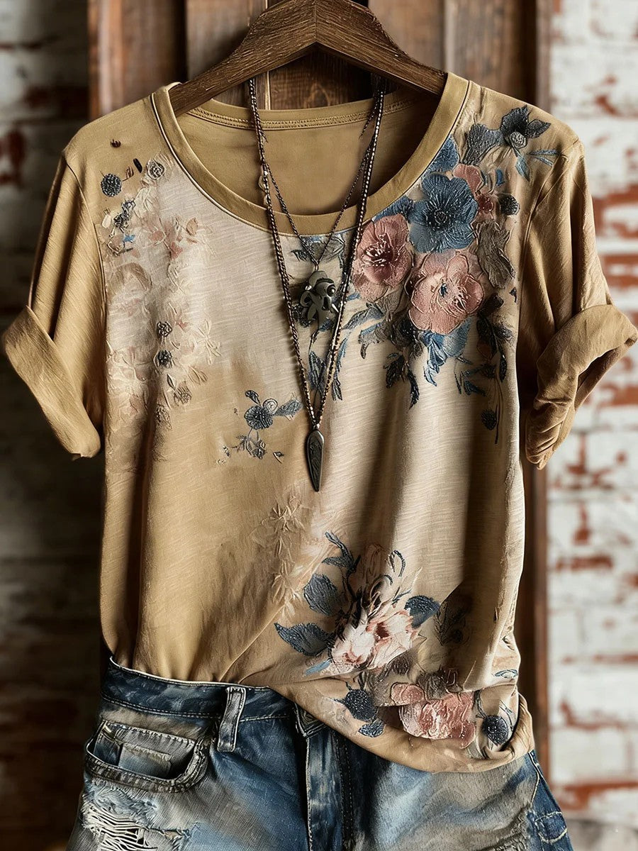 Women's Vintage Floral Art Print Casual Short Sleeve T-shirt