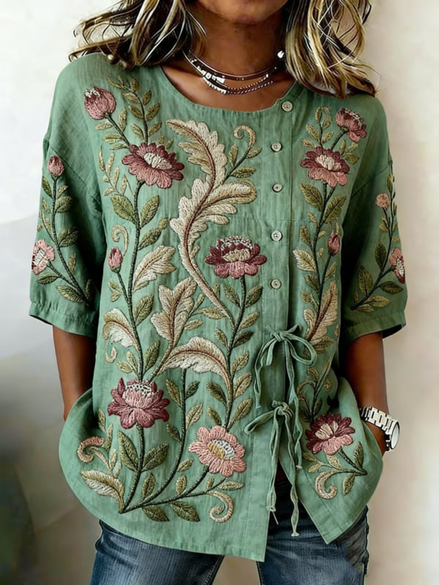 Women's Plants And Flowers Buttoned And Laced Linen Blend Shirt