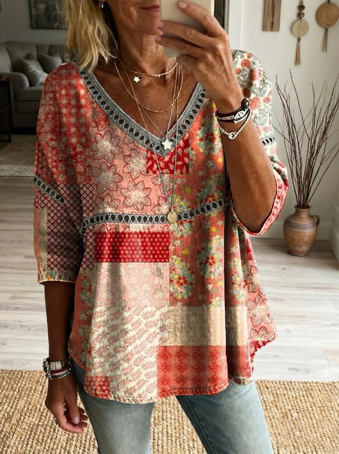 Women's Floral Pattern Art Print Casual V-neck Lace-up Top