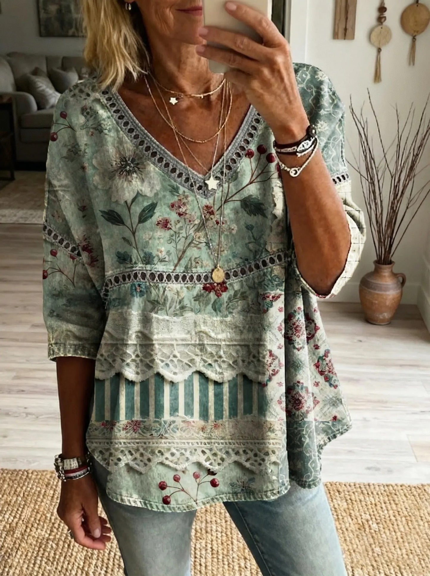 Women's Floral Pattern Art Print Casual V-neck Lace-up Top