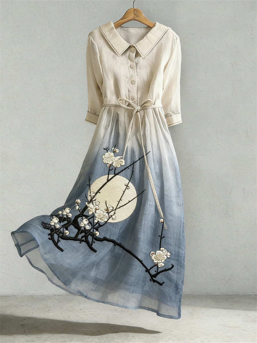 Women's Floral Embroidery Pattern Linen Blend Dress