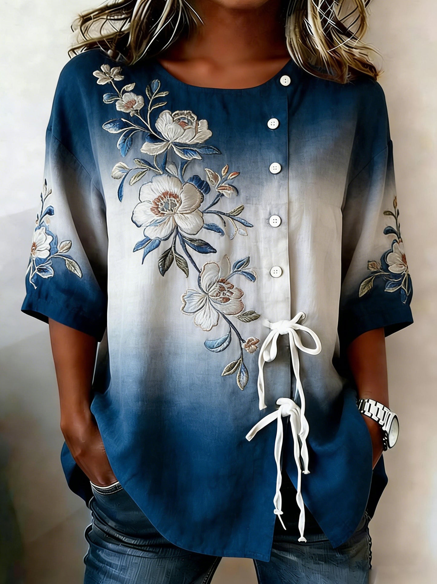 Women's Floral Buttoned Linen Blend Shirt
