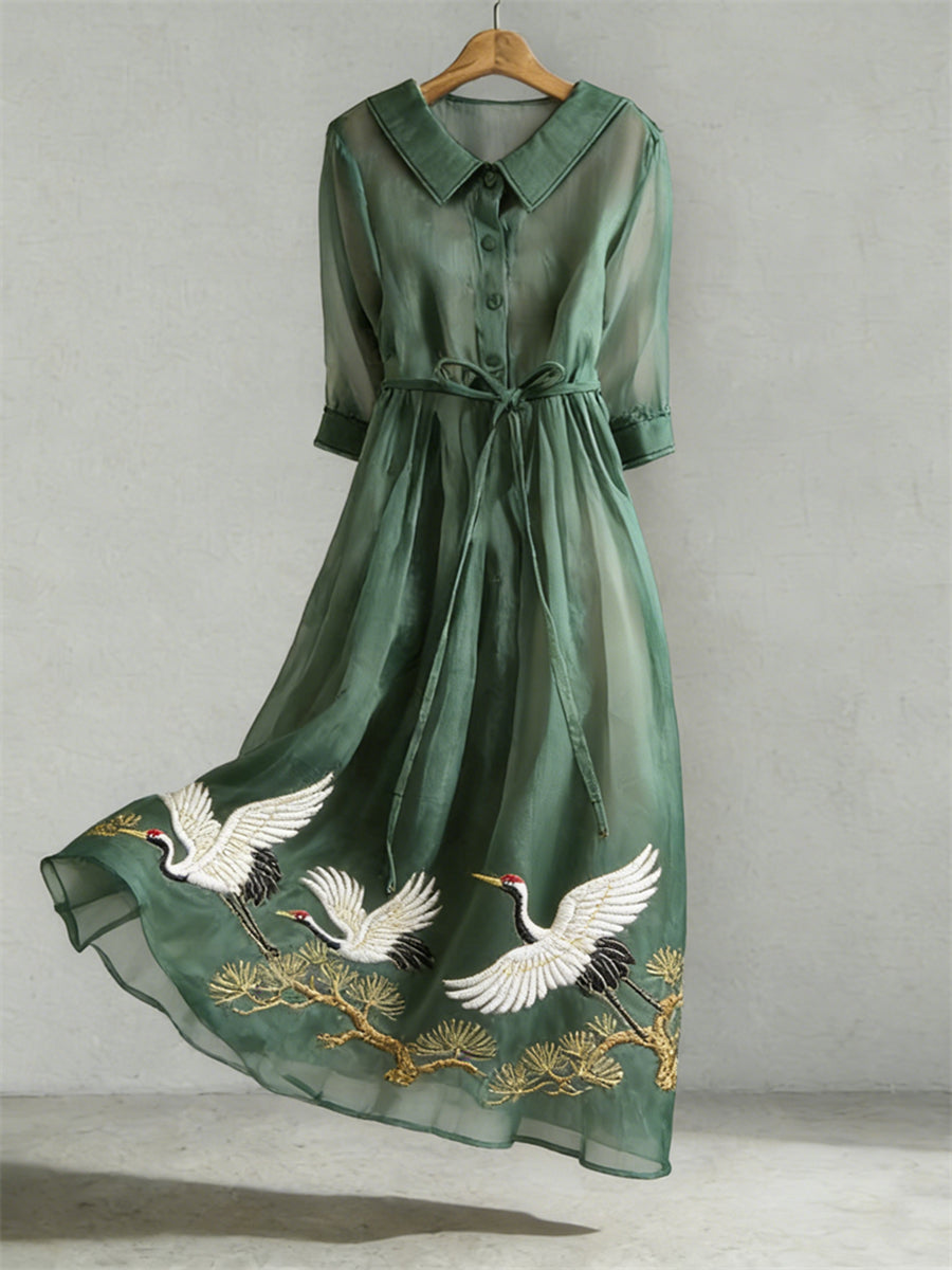 Women's Crane Embroidery Pattern Linen Blend Dress