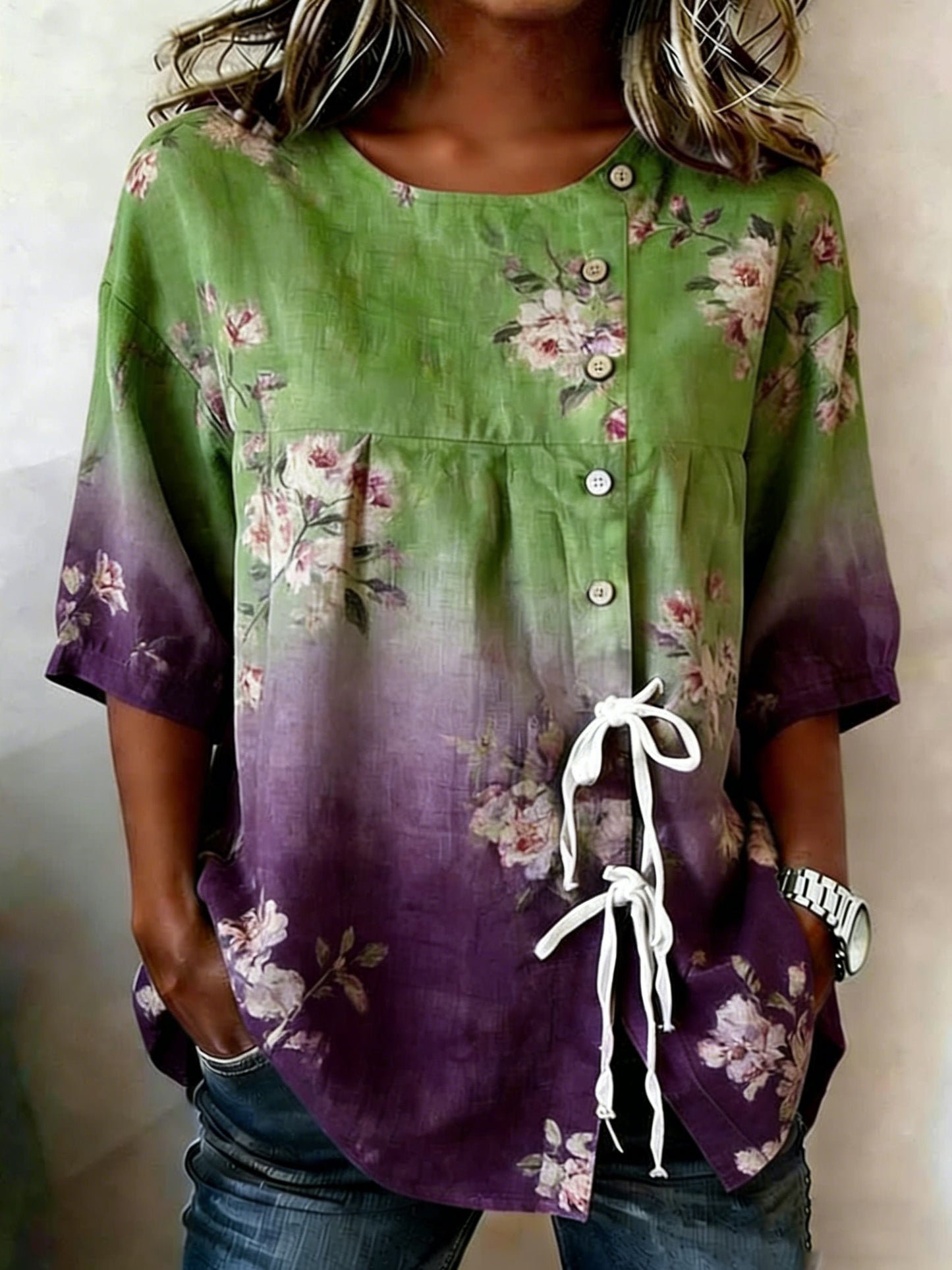 Women's Floral Buttoned Linen Blend Shirt