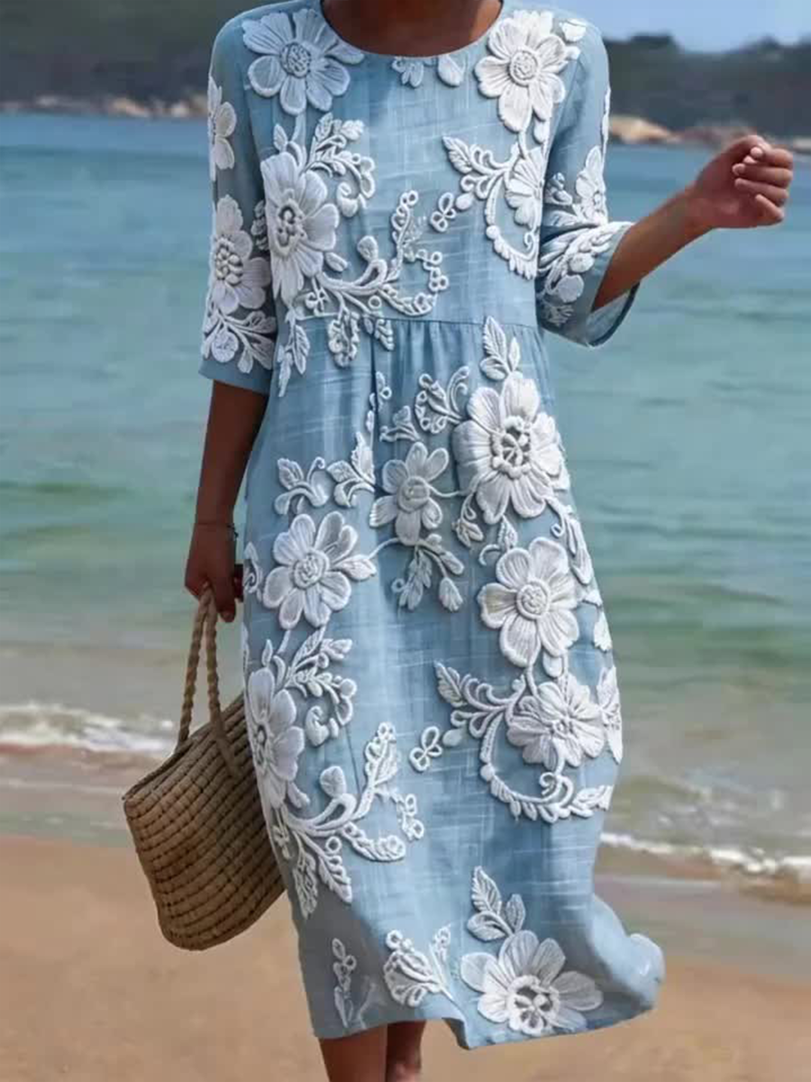 Women's Plant And Flower Print Round Neck Linen Blend Mid-Length Dress
