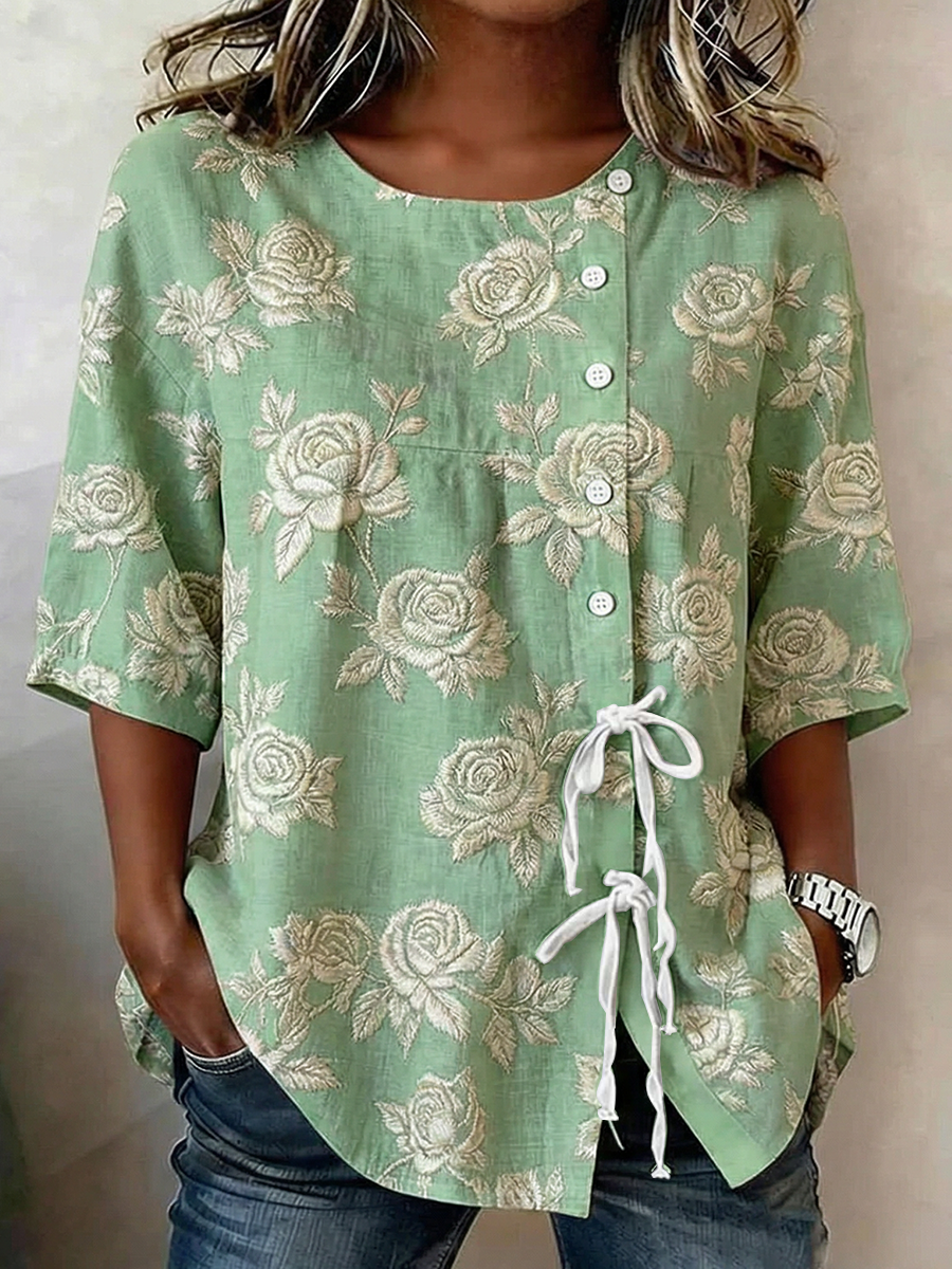 Women's Plants And Flowers Buttoned And Laced Linen Blend Shirt