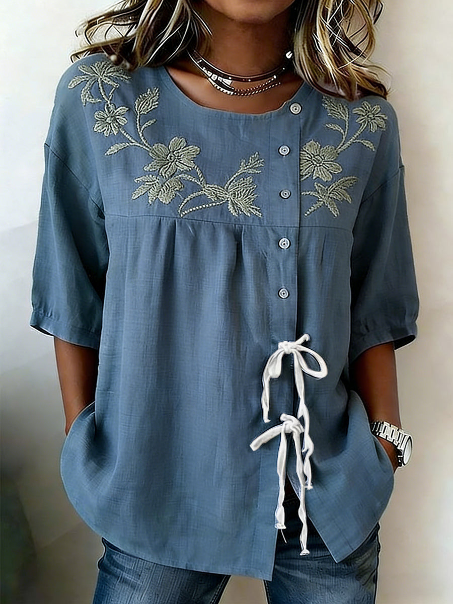 Women's Plants And Flowers Buttoned And Linen Blend Shirt