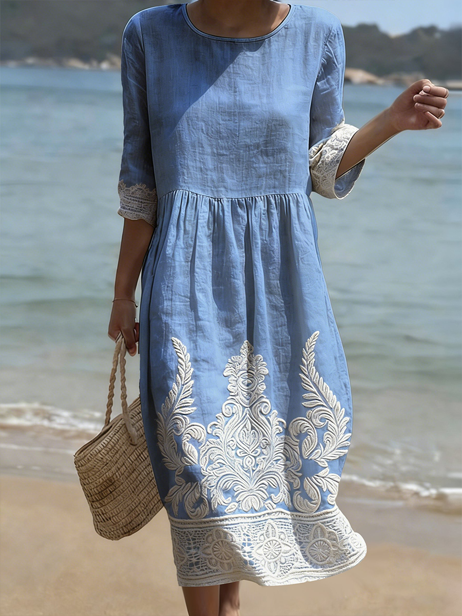 Women's Plant And Flower Print Round Neck Linen Blend Mid-Length Dress