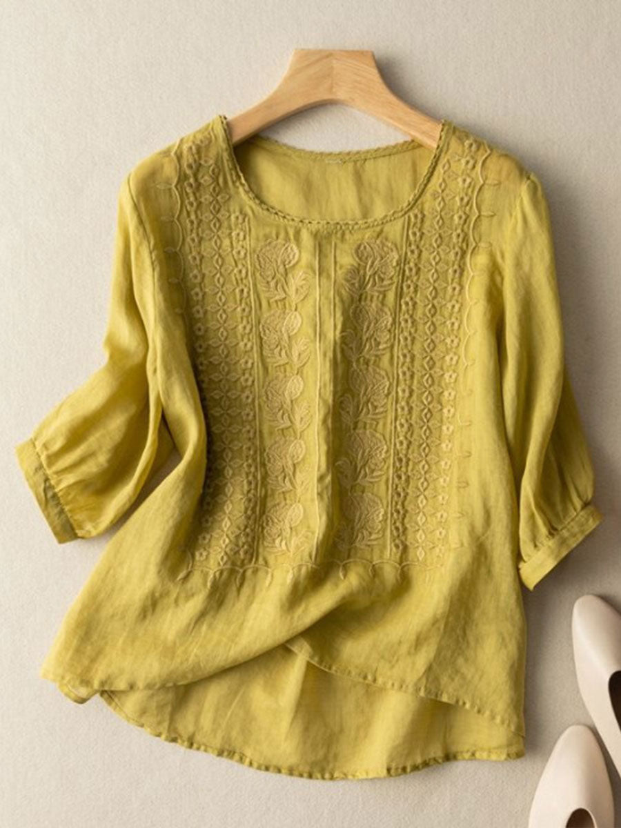 Women's Floral Cotton-Linen Casual T-Shirt