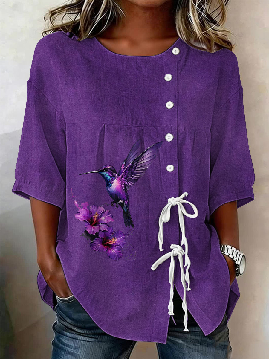 Women's Plants And Flowers Buttoned And Linen Blend Shirt