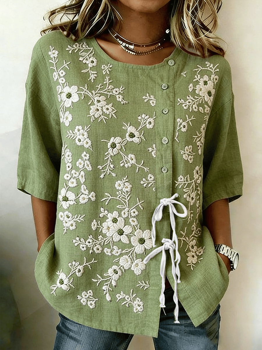 Women's Plant And Flower Buttoned And Laced Cotton And Linen Shirt
