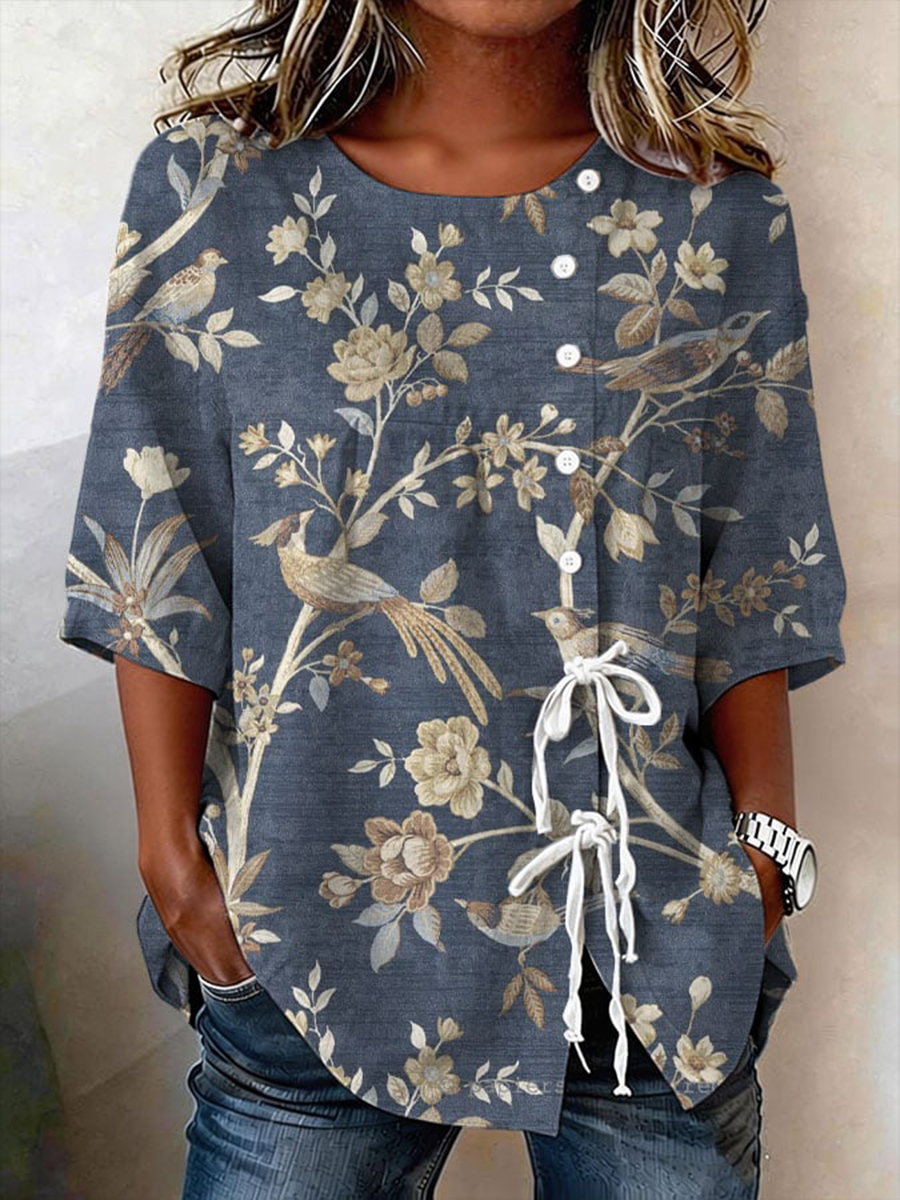 Women's Plant And Flower Buttoned And Laced Cotton And Linen Shirt