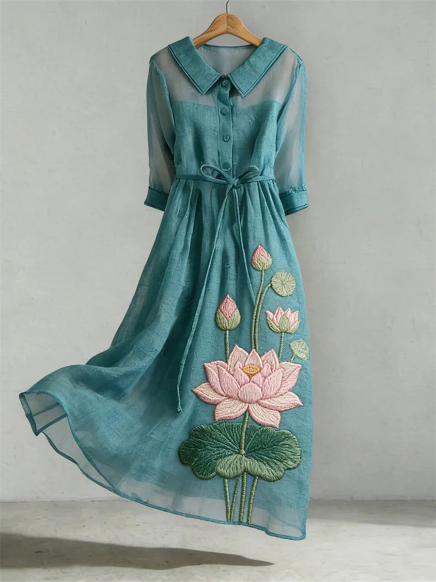 Women's Classy Lotus Pattern Linen Blend Dress