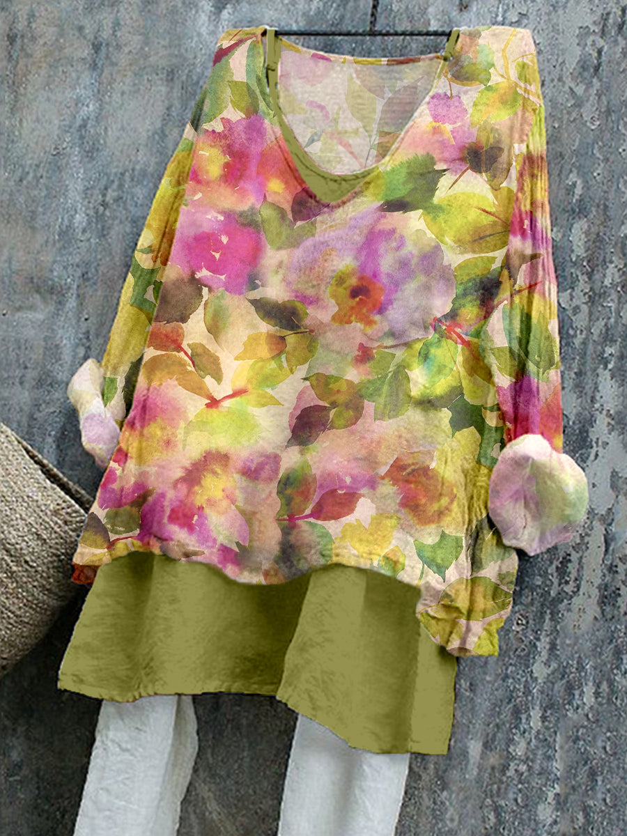Women's Elegant Floral Pattern Linen Blend Shirt