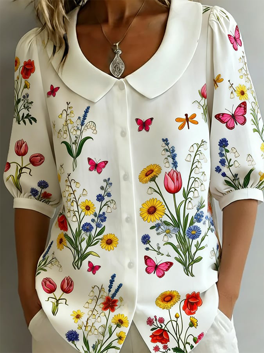 Women's Floral Mid-sleeve Doll-collar Cotton-linen Shirt
