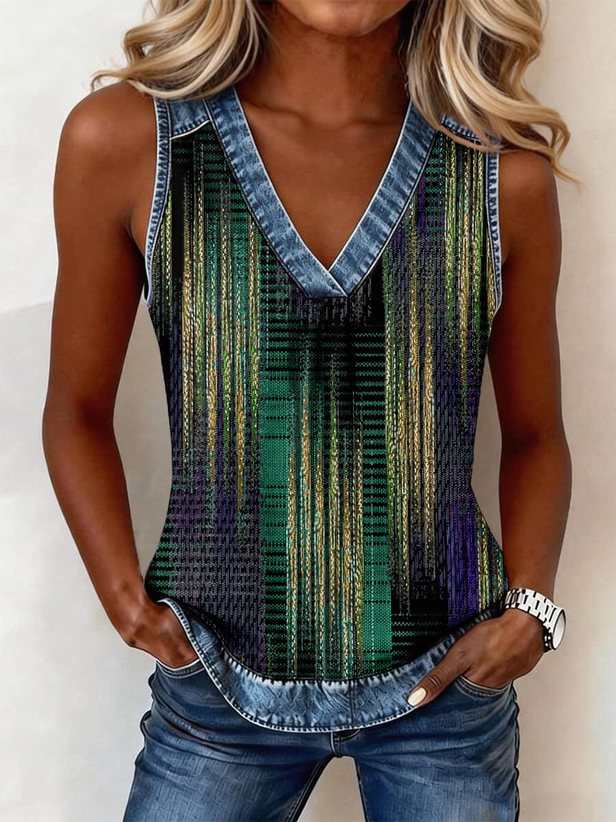 Women's Abstract Art Print Denim Patchwork Top