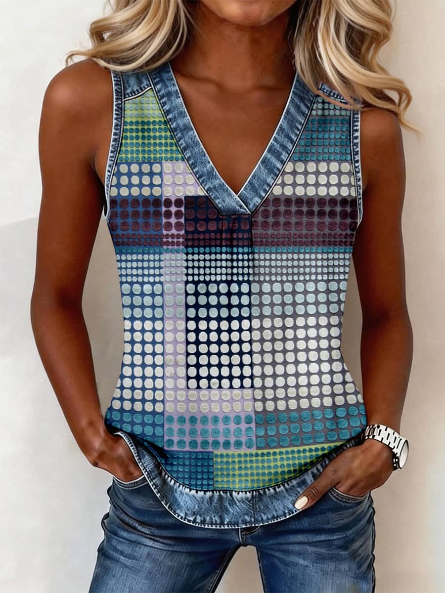 Women's Abstract Art Polka Dot Print Denim Patchwork Top