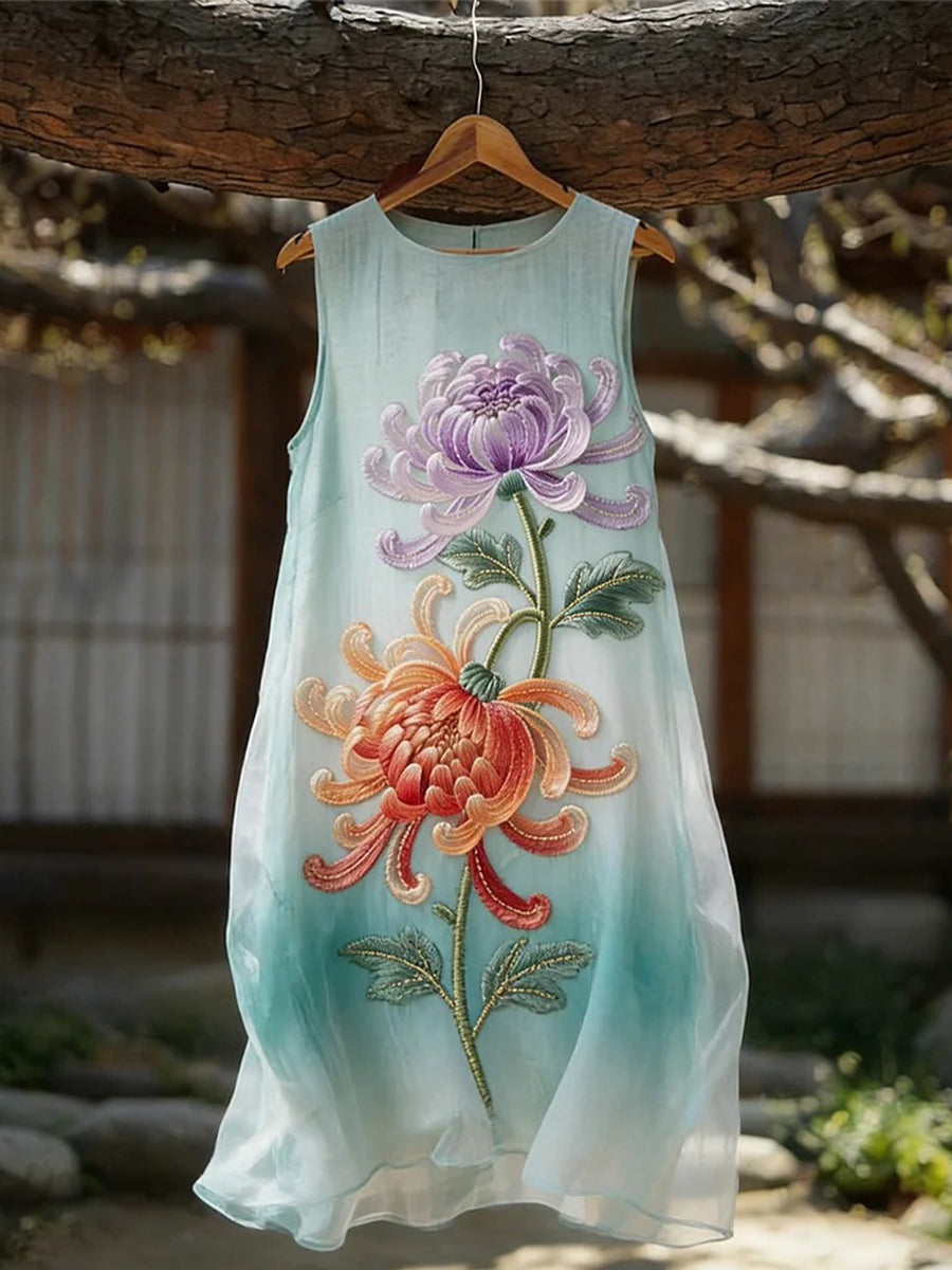 Women's Classy Chrysanthemum Embroidery Pattern Flowy Dress