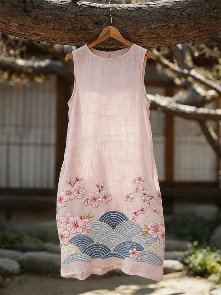Women's Classy Cherry Blossom And Wave Pattern Linen Blend Dress