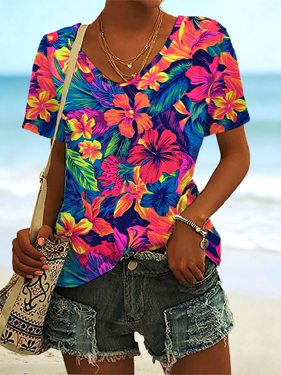 Women's Hibiscus Print Casual T-Shirt