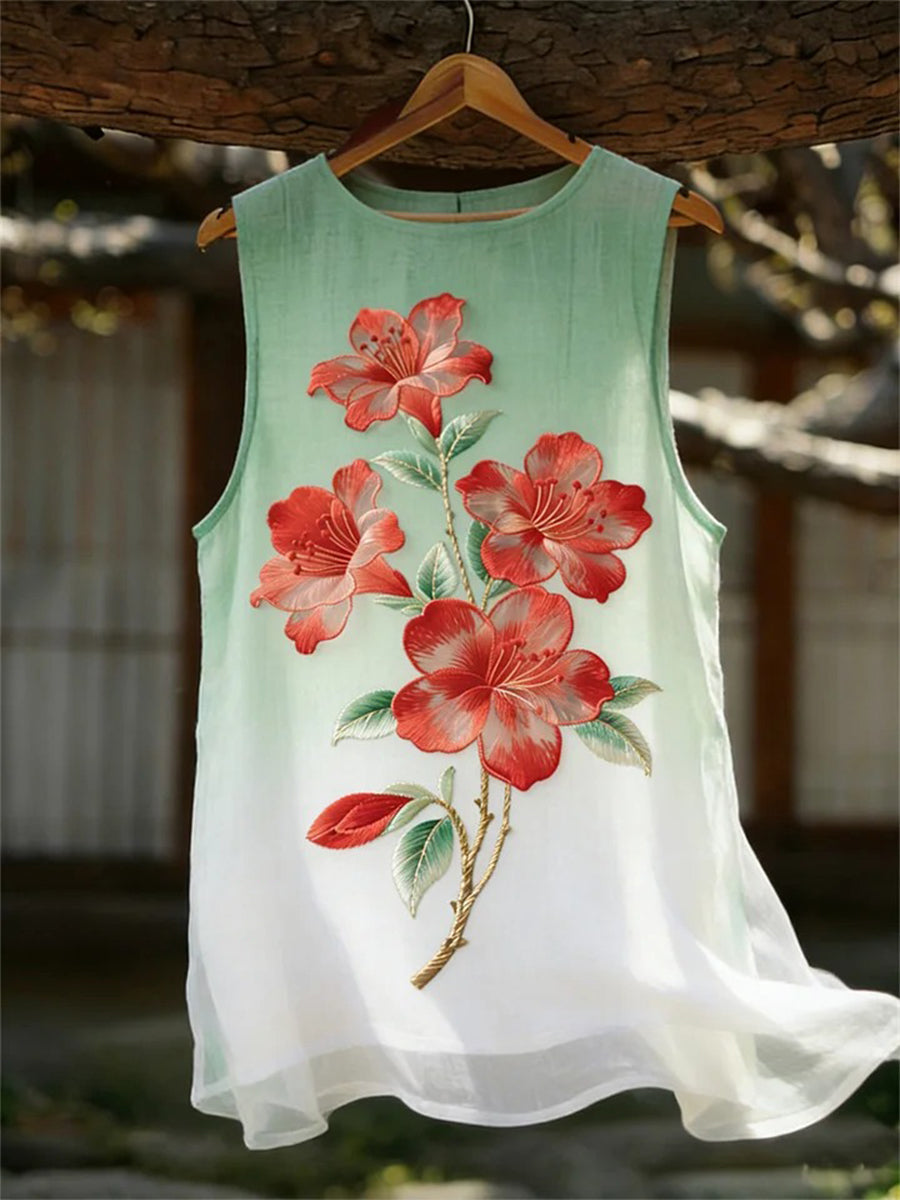 Women's Classy Azalea Embroidery Pattern Cotton Linen Top