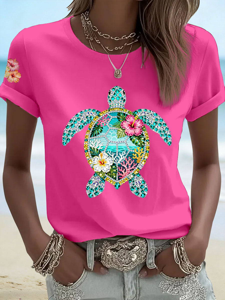 Women's Hibiscus Turtle Print Casual T-Shirt