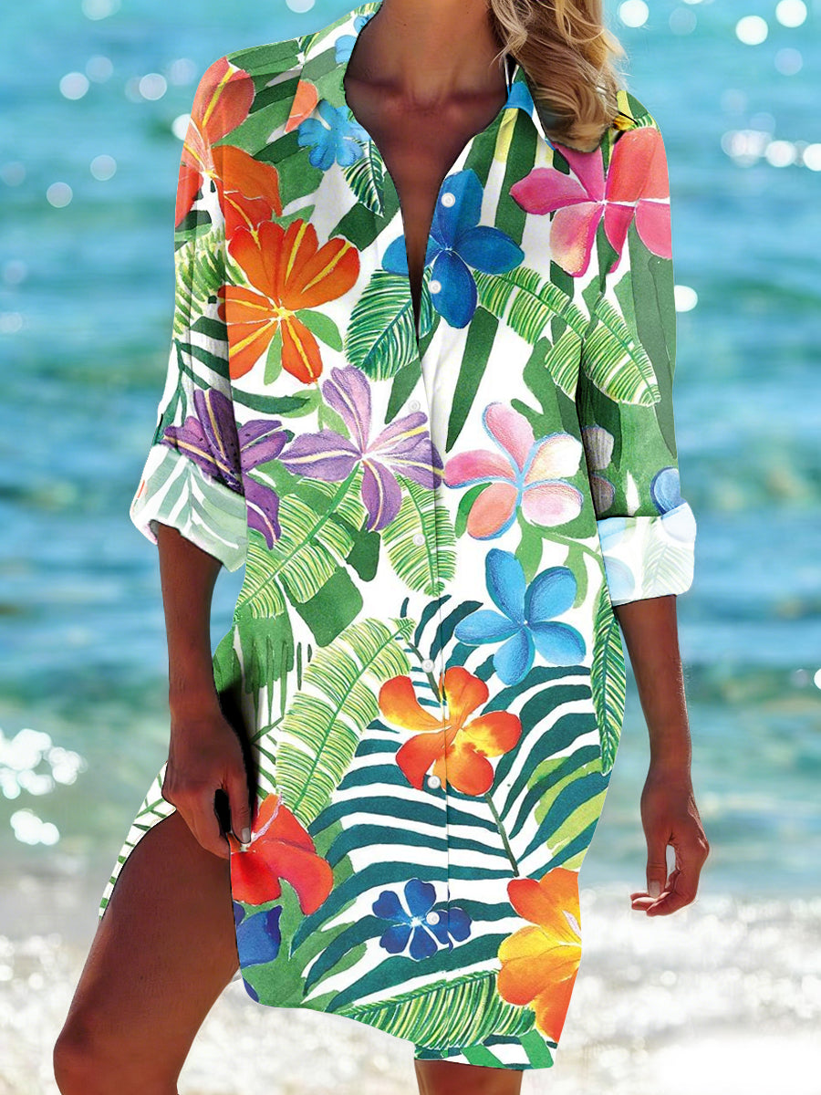 Women's Tropical Floral Print Casual Mid-Length Shirt