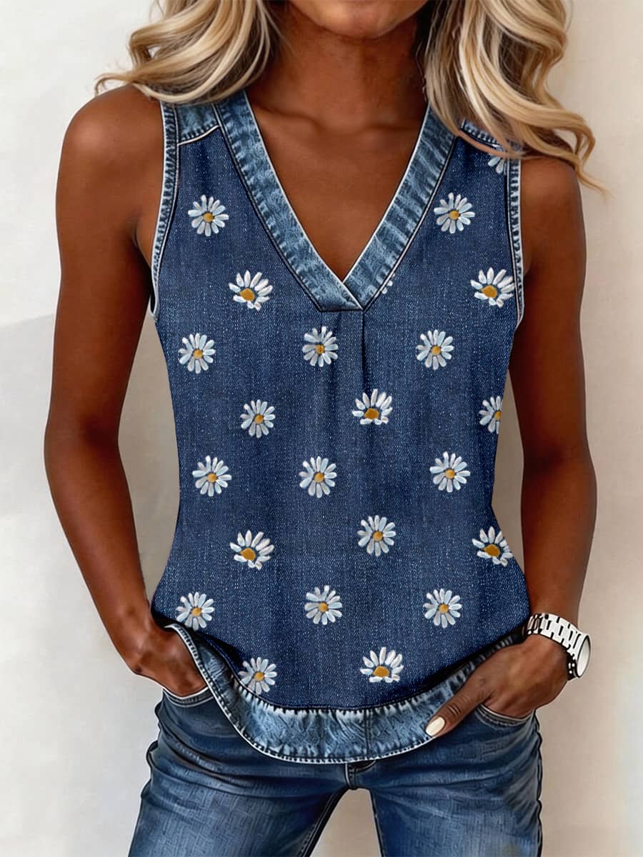 Women's Classy Daisy Pattern Denim Patchwork Top