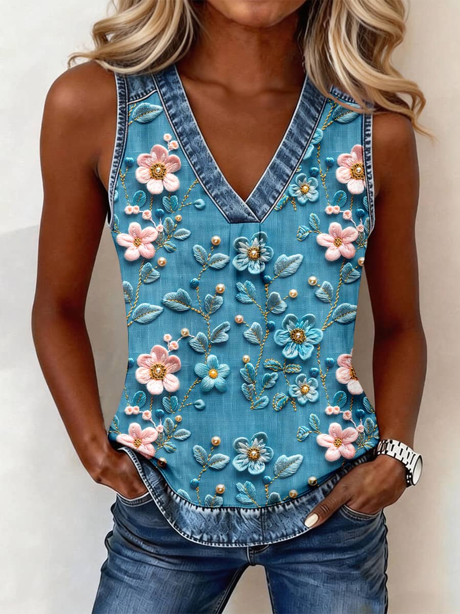 Women's Classy Floral Embroidery Pattern Denim Patchwork Top