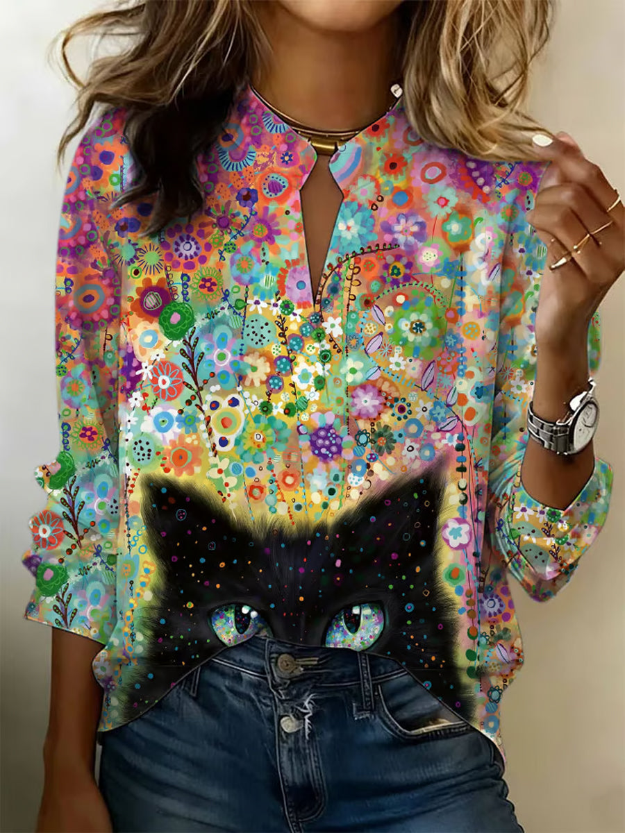 Women's Amusing Cat-Themed Flowers Print Linen Long Sleeve Shirt