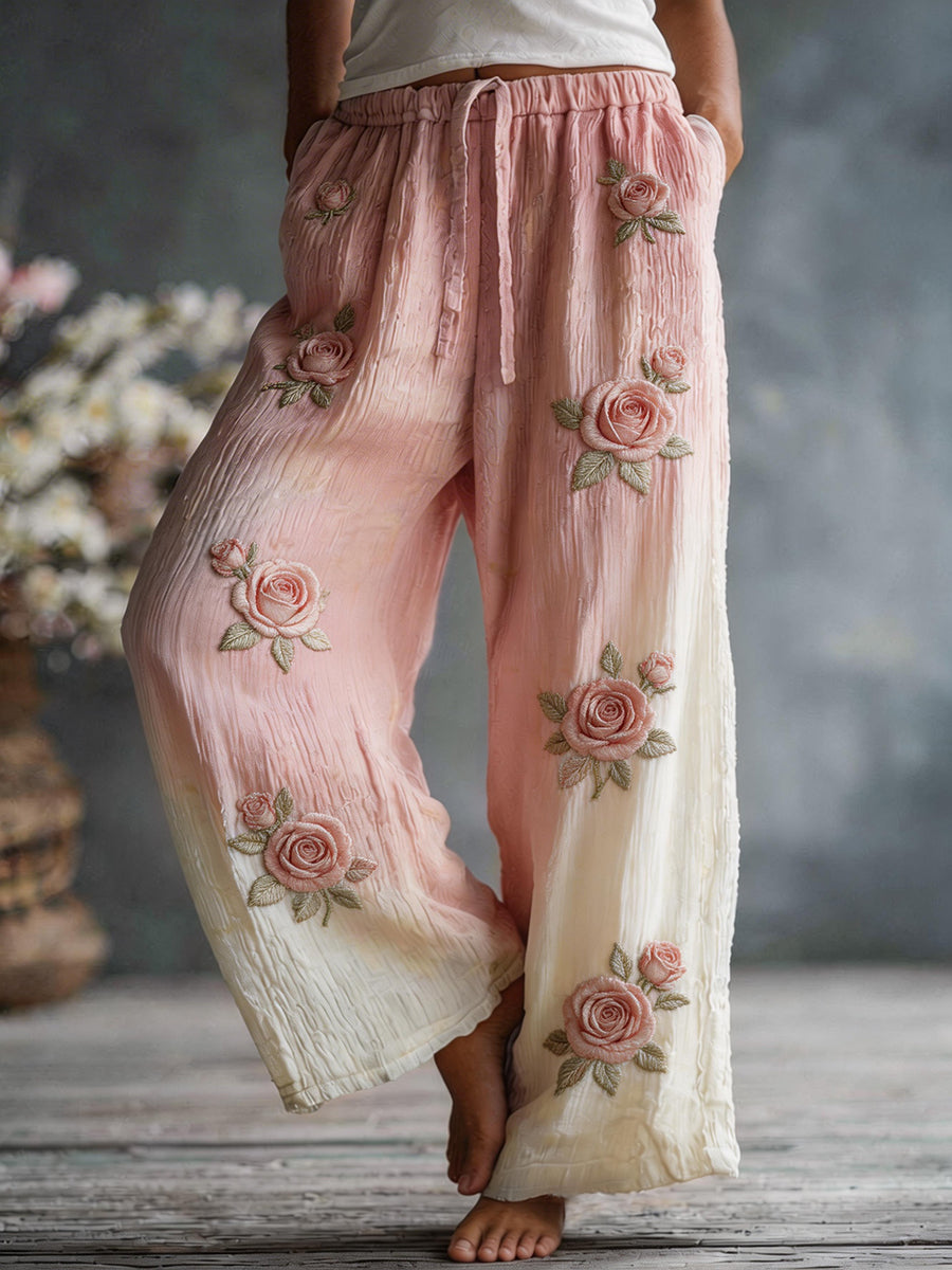 Women's Pink Rose Floral Pattern Linen Blend Pants