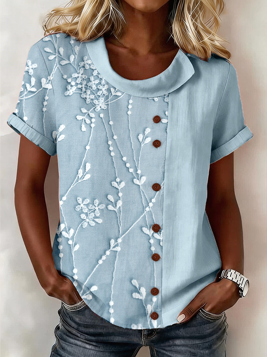 Women's Elegant Floral Pattern Linen Blend Shirt