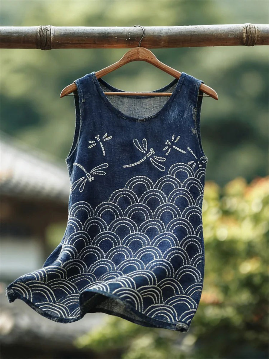 Women's Dragonfly and Wave Pattern Cotton Linen Top