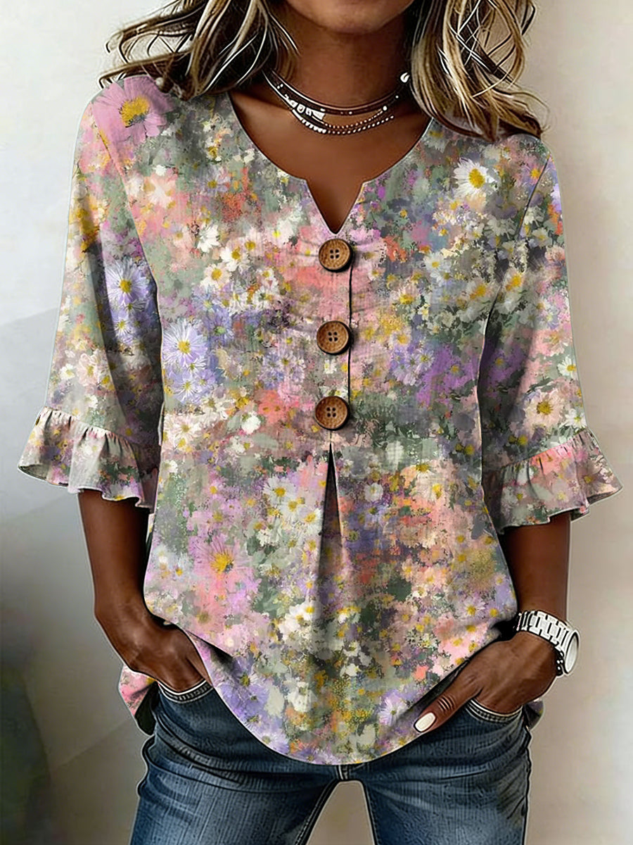 Women's Floral Art Linen Shirt