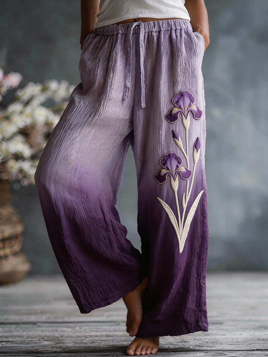 Women's Purple Iris Pattern Linen Blend Pants