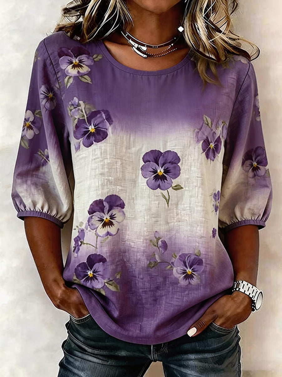 Women's Purple Floral Print Alzheimer's Awareness Support Half-Sleeve Shirt